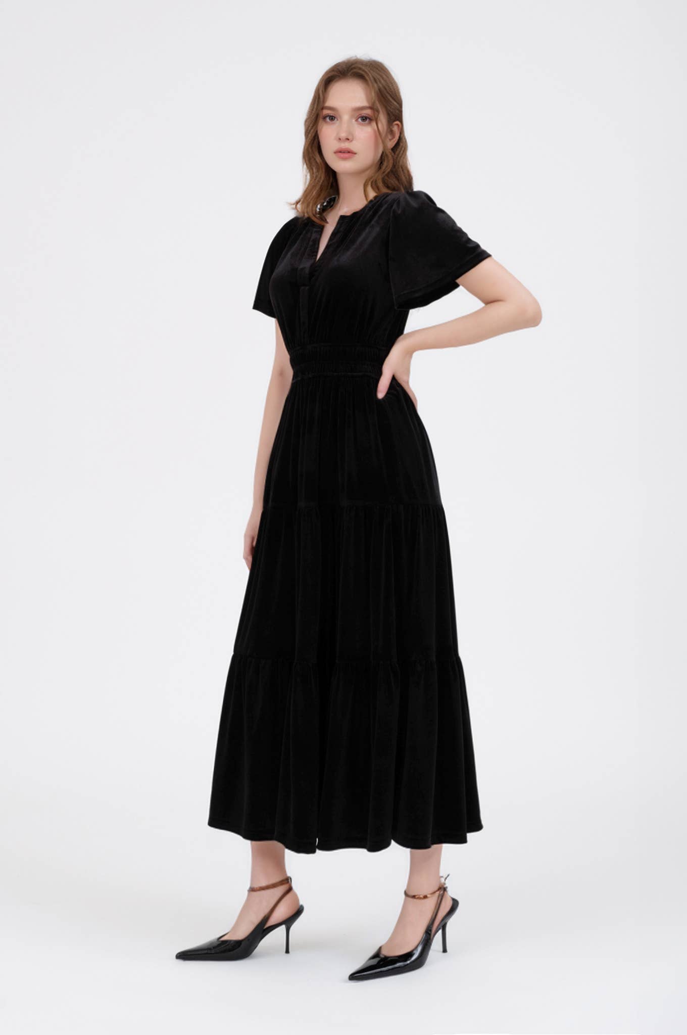 Velvet Tiered Midi Dress - Black