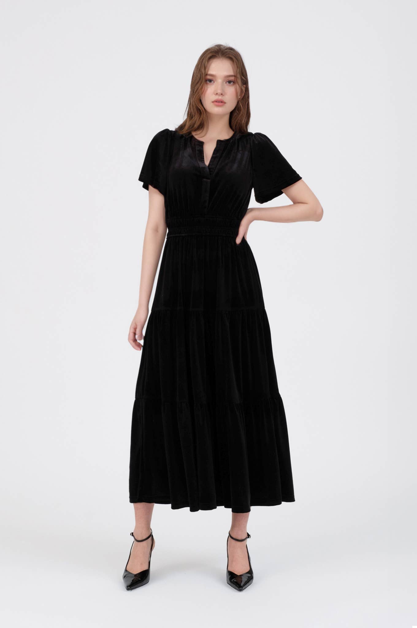 Velvet Tiered Midi Dress - Black