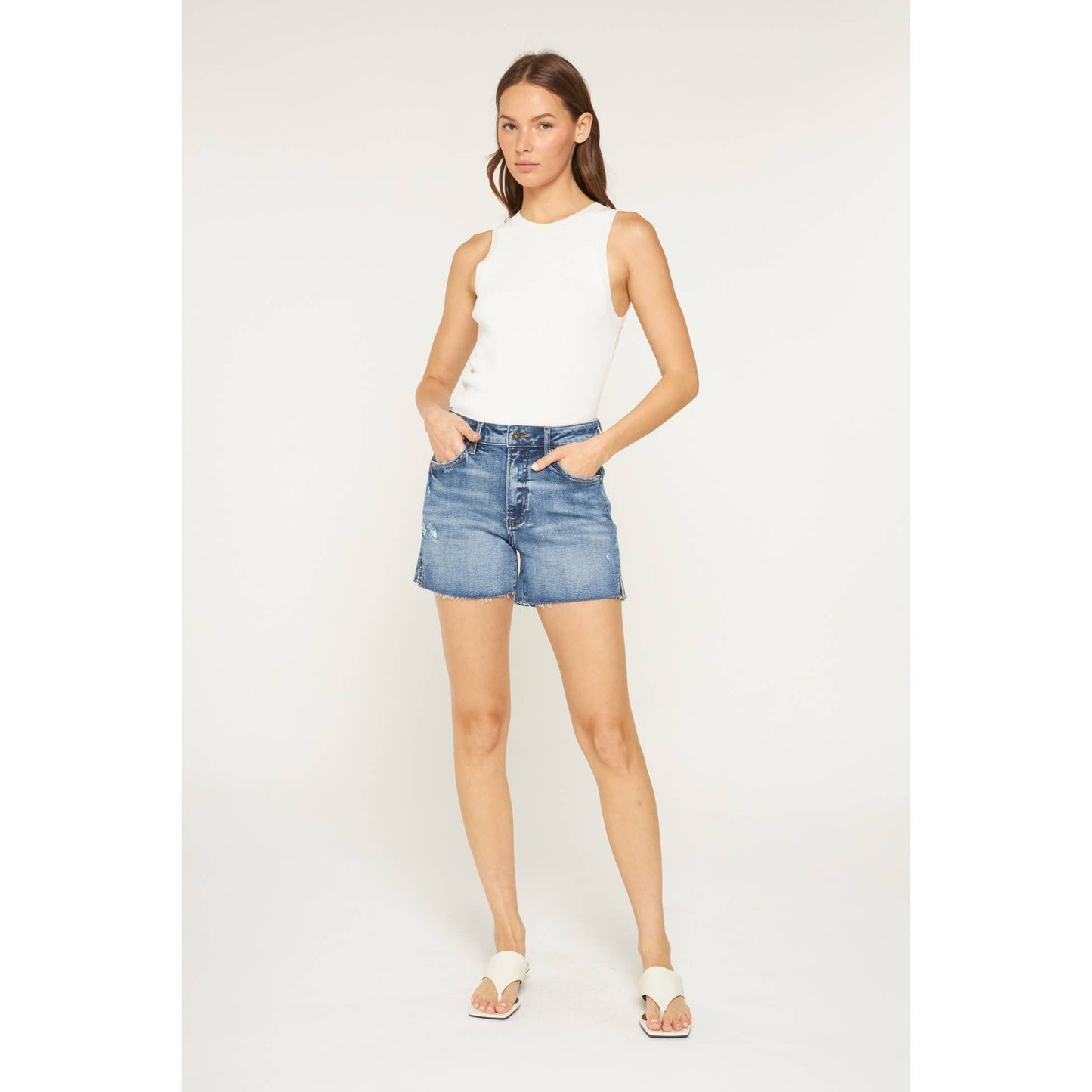 Vintage Blue High Rise Raw Hem Shorts