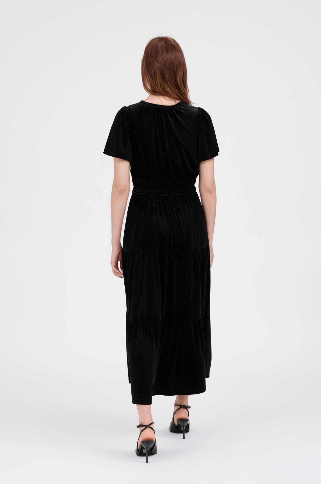 Velvet Tiered Midi Dress - Black