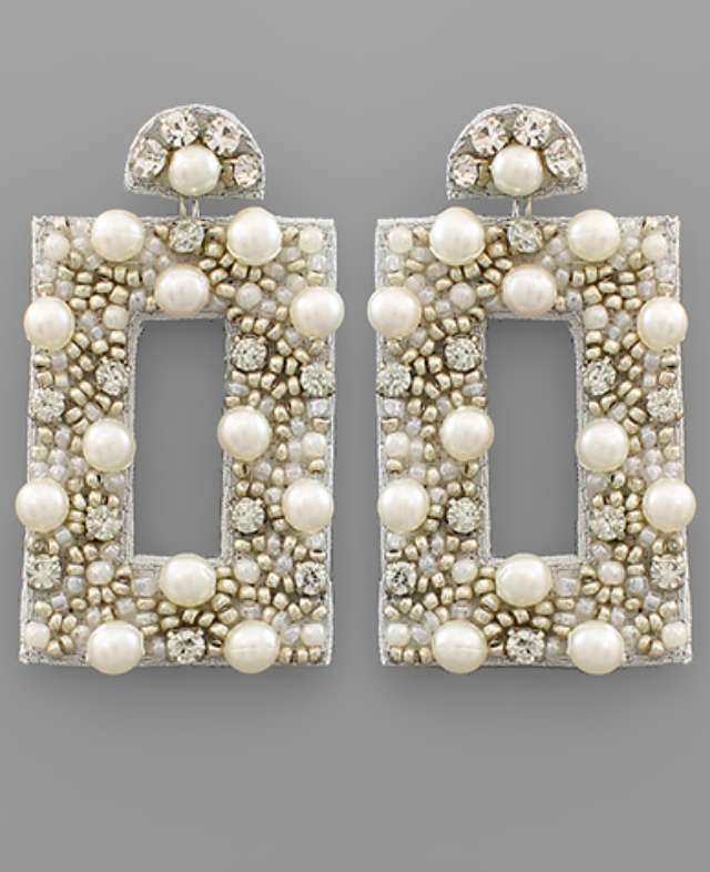 Pearl & Bead Rectangle Earrings - Silver