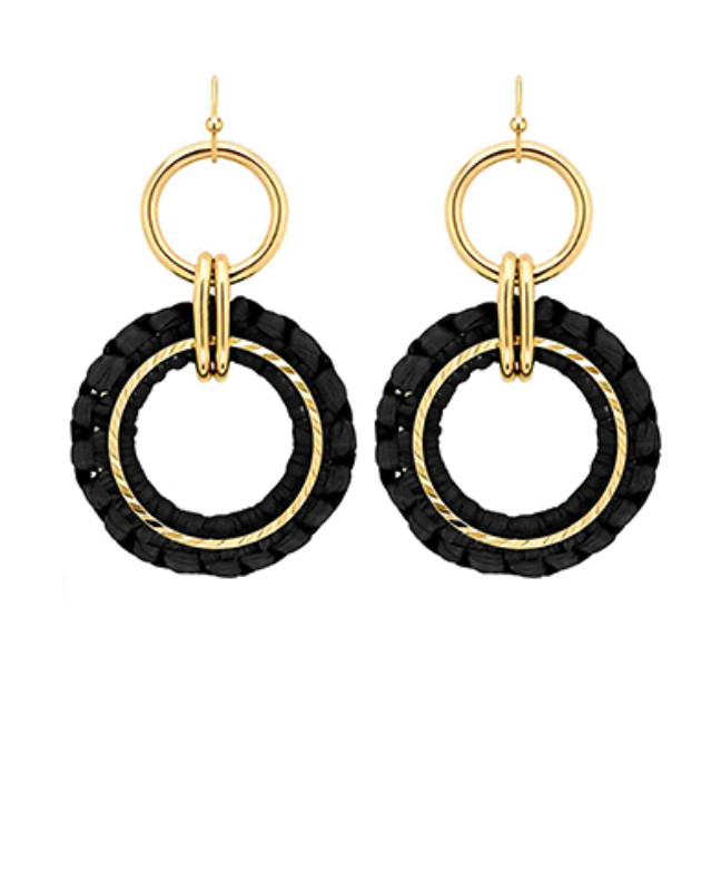 Wrapped Raffia Circle Drop Earrings - Black