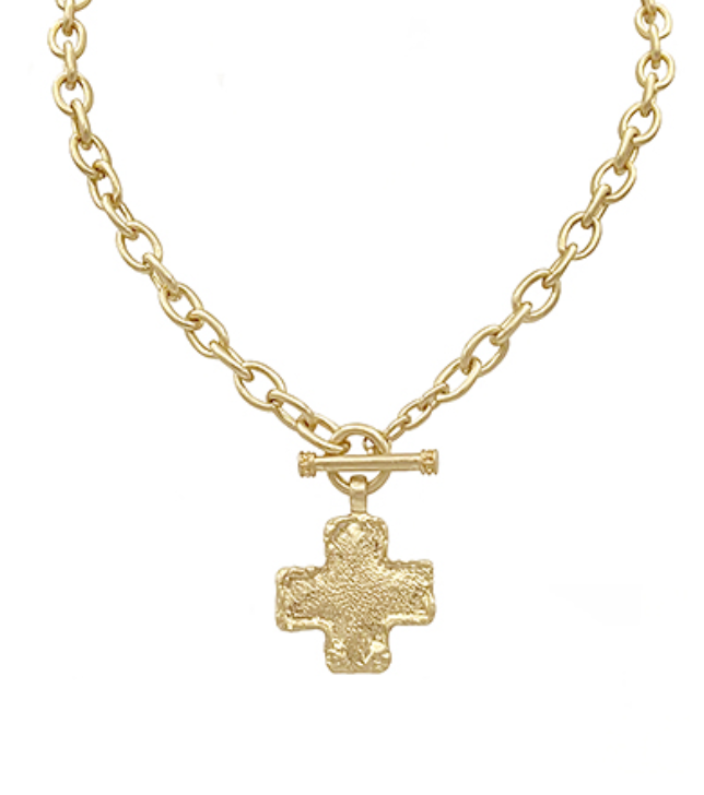 Textured Cross Necklace Set - Gold