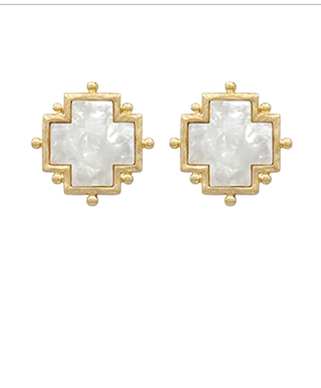 Dotted Acetate Cross Earrings - white