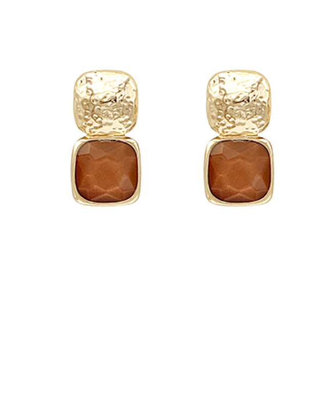 Bold Square Stone Textured Earrings - Mocha