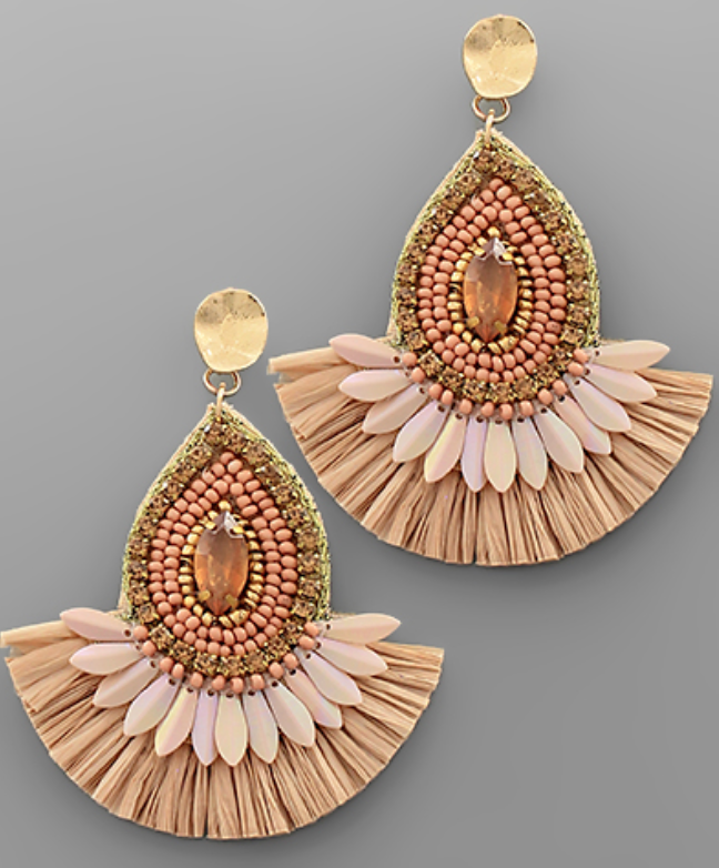 Beaded Teardrop & Raffia Fan Earrings - Pink