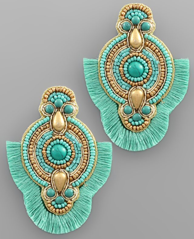 Beaded Round Earrings - Teal