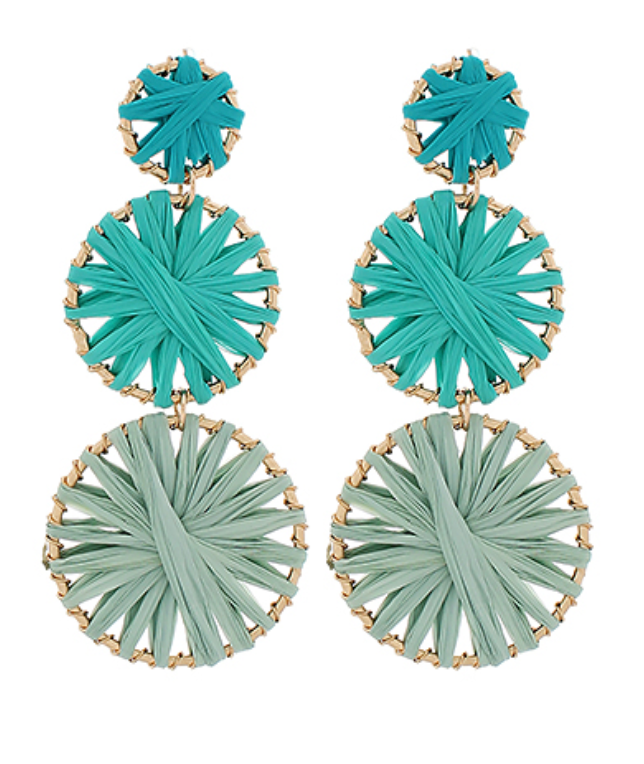 3 Tiered Raffia Drop Earrings - Teal