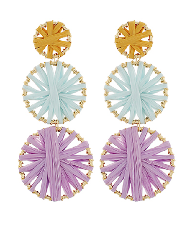 3 Tiered Raffia Drop Earrings - Yellow