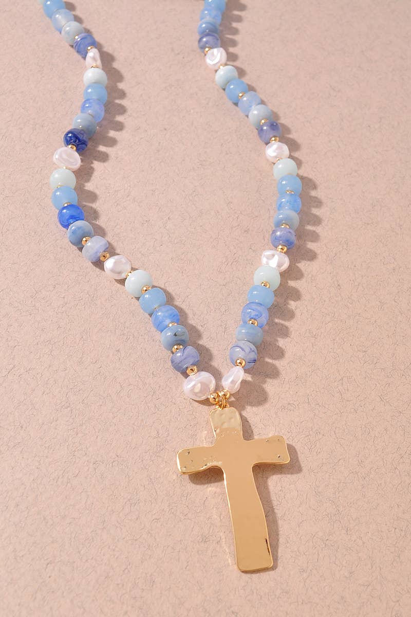 Multi Color Beaded Necklace with Cross Pendant - Blue