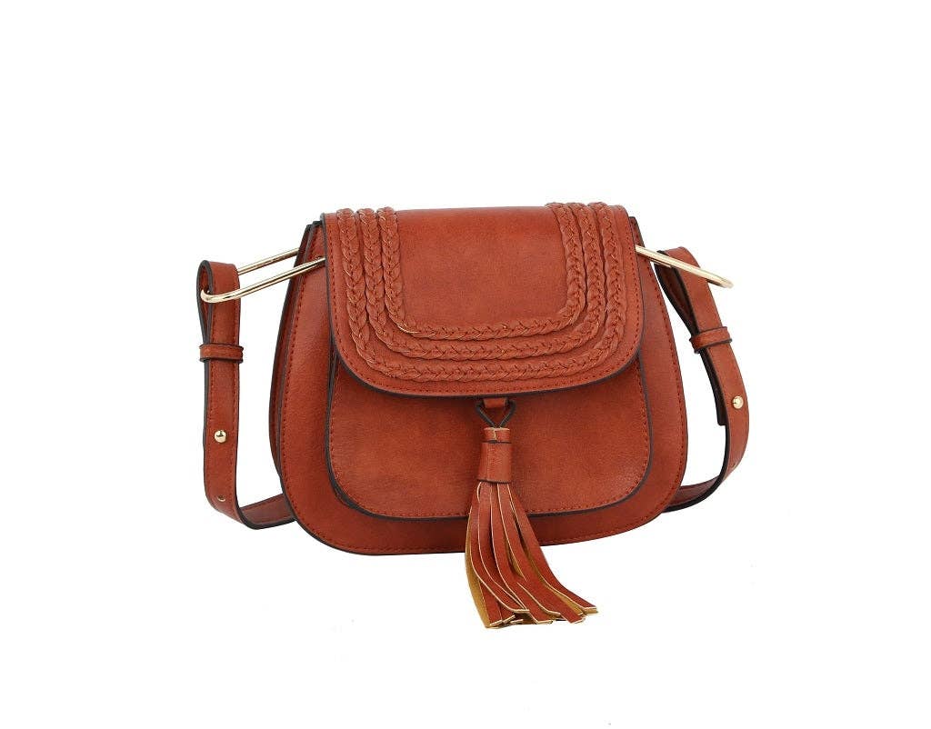 Flap Over Tassel Saddle Crossbody Bag - Brown