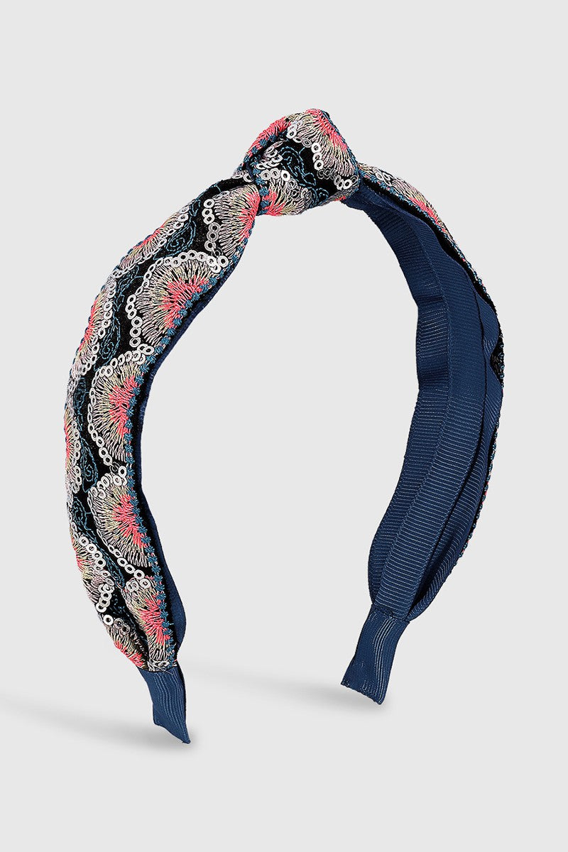 Thin Embroidered Headband - Blue