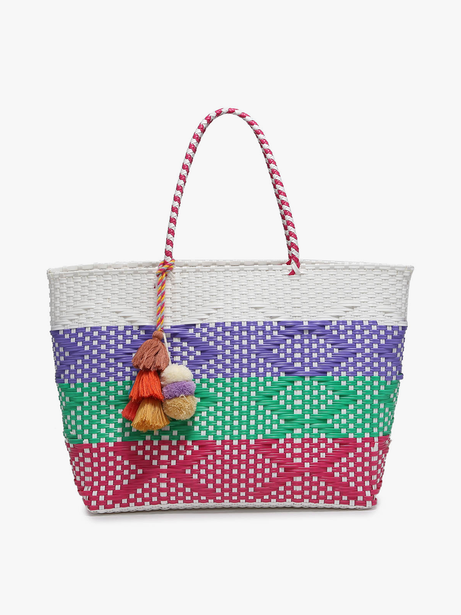 Shelby Handwoven Tote w/ Pom-Poms - Stripe