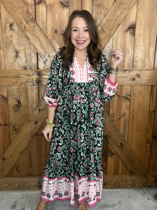 Fall Boho Dress - Green