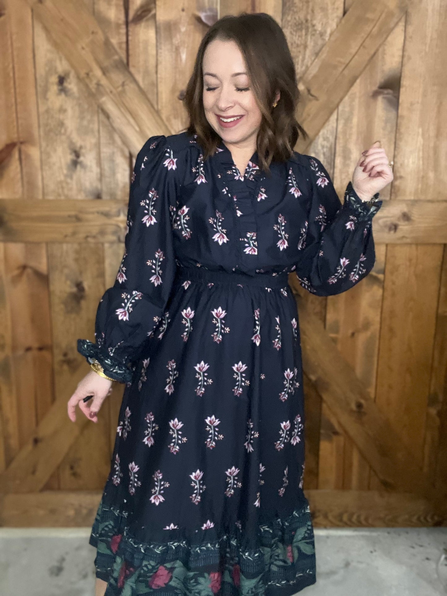 Winter Bloom Dress - Navy