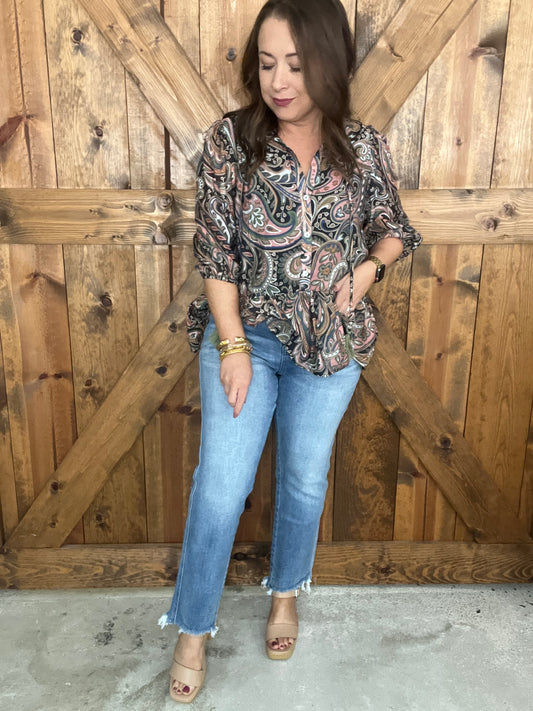 Metallic Blue High Rise Crop Jeans