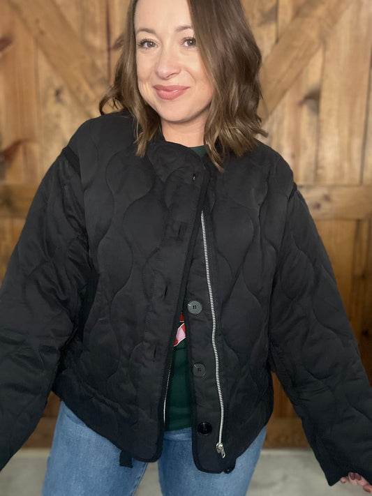 Quilted Peplum Jacket - Black