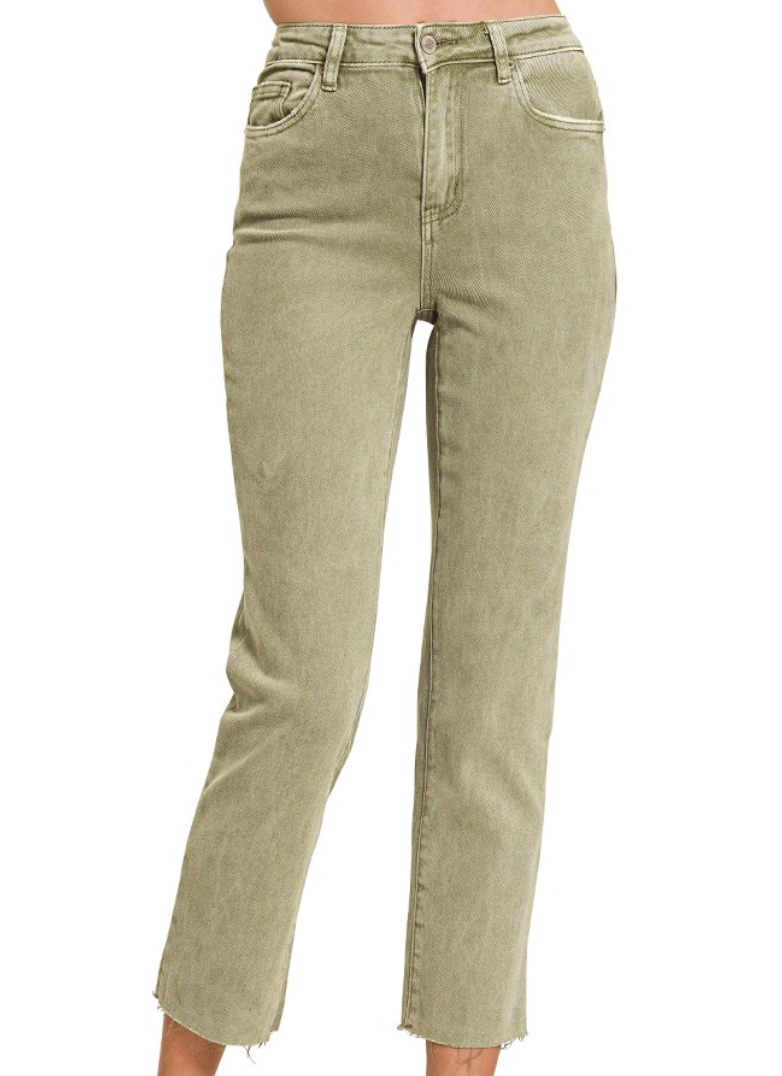 Colored Straight Crop Jeans - Olive