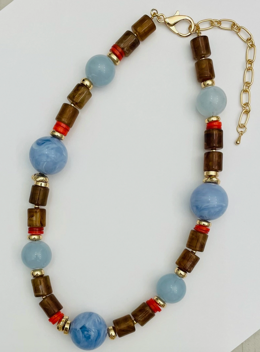 Brown/Blue Resin Beaded Necklace