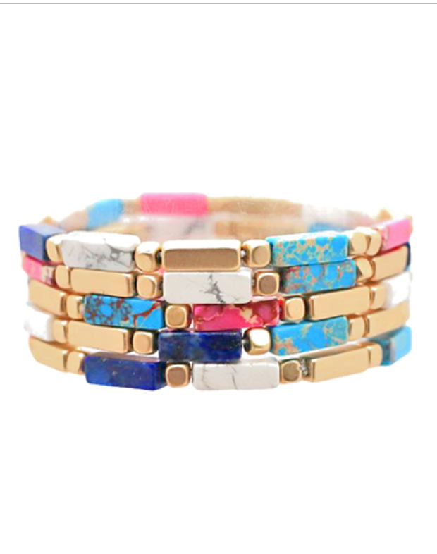 5 Stone & Metal Bracelets - Multi