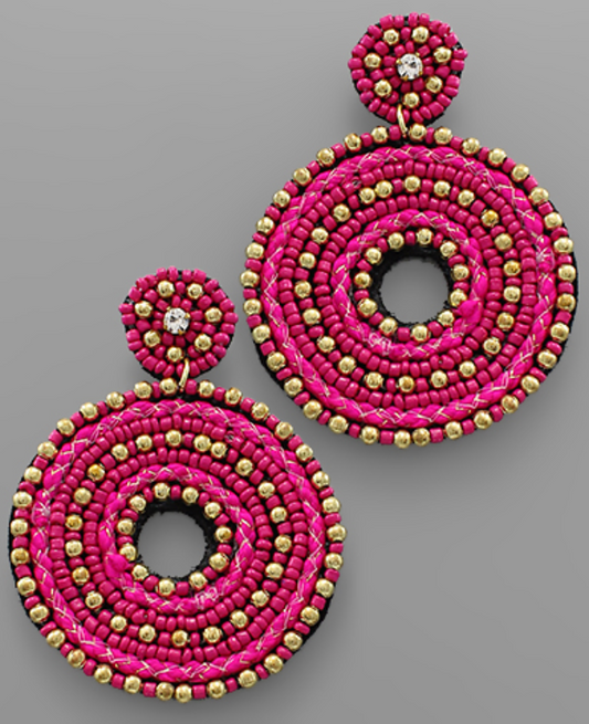 Fuchsia Beaded Circle Earrings