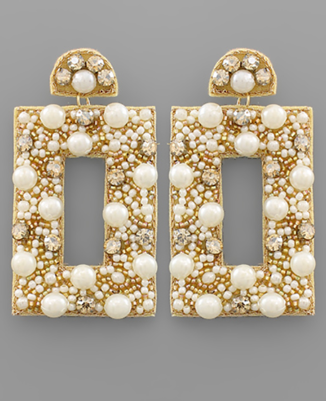 Pearl & Bead Rectangle Earrings - Gold