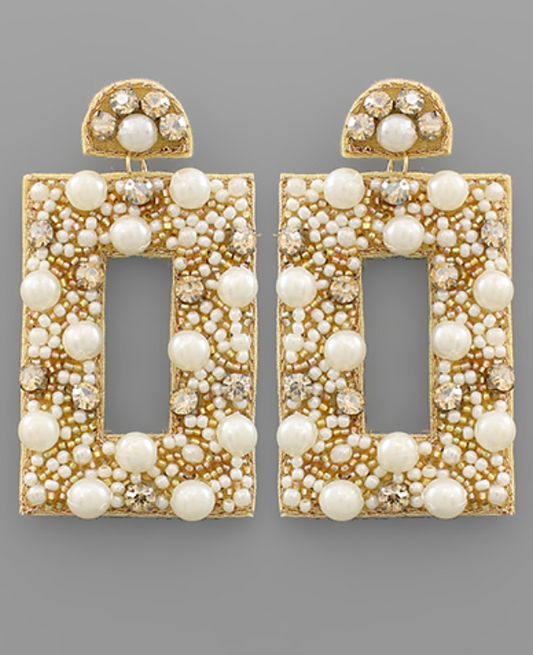 Pearl & Bead Rectangle Earrings - Gold