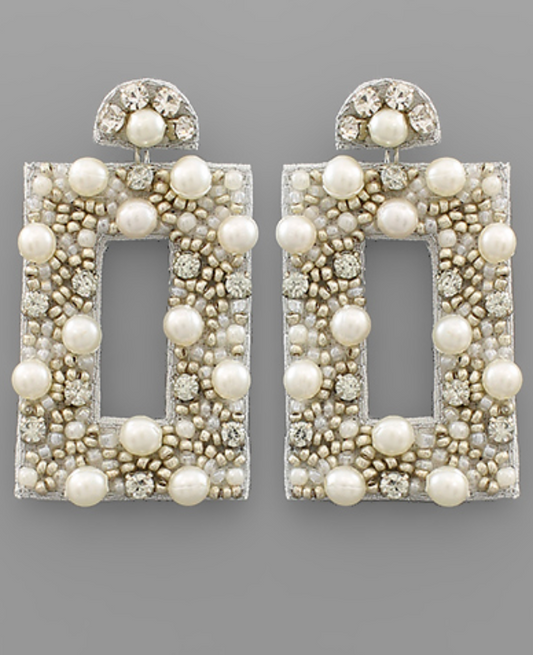 Pearl & Bead Rectangle Earrings - Silver