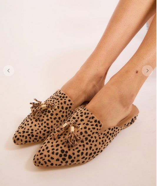 Leopard Tassel Pointed Mules