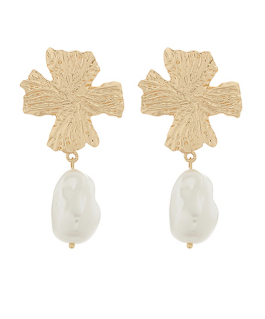 Textured Cross & Teardrop Pearl Earrings