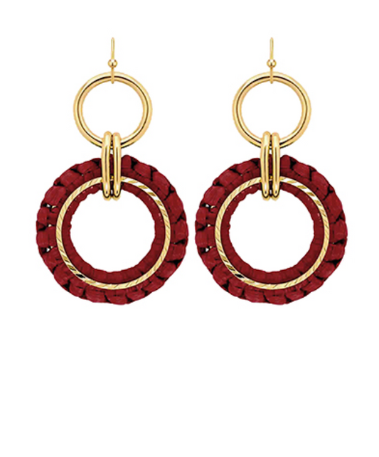 Wrapped Raffia Circle Drop Earrings - Wine