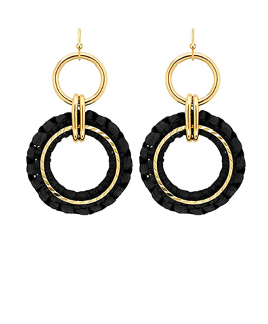 Wrapped Raffia Circle Drop Earrings - Black