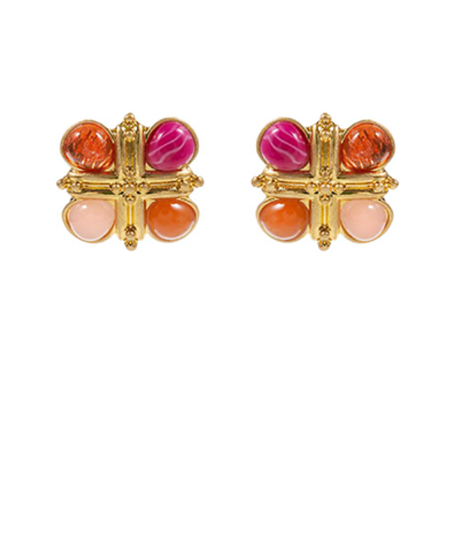 Vintage Cross Stone Studded Earrings - Pink