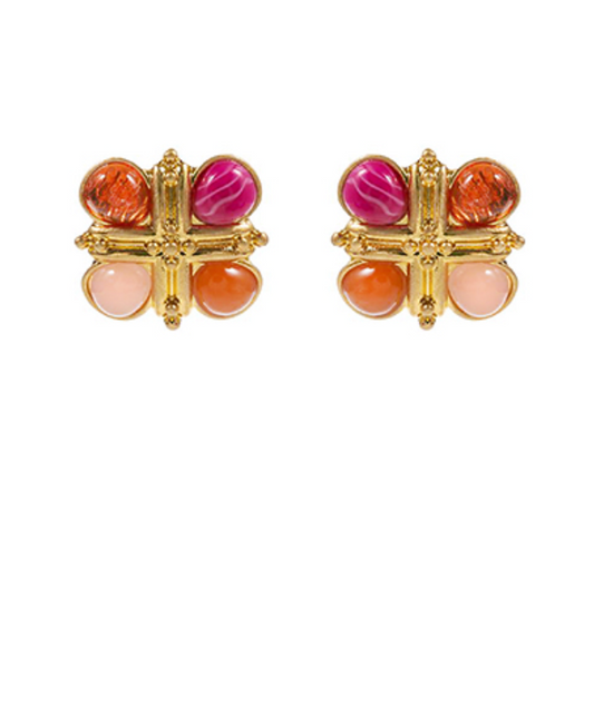 Vintage Cross Stone Studded Earrings - Pink