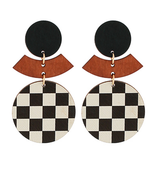 Multi Shape Patterned Wood Earrings - Check