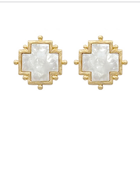 Dotted Acetate Cross Earrings - white