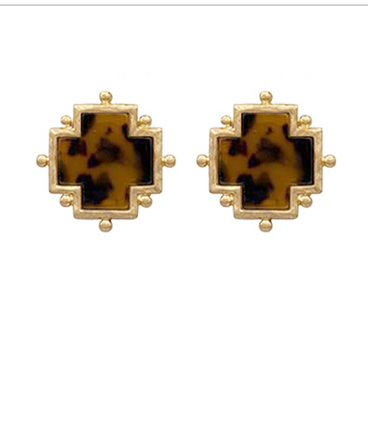 Dotted Acetate Cross Earrings - Tortoise