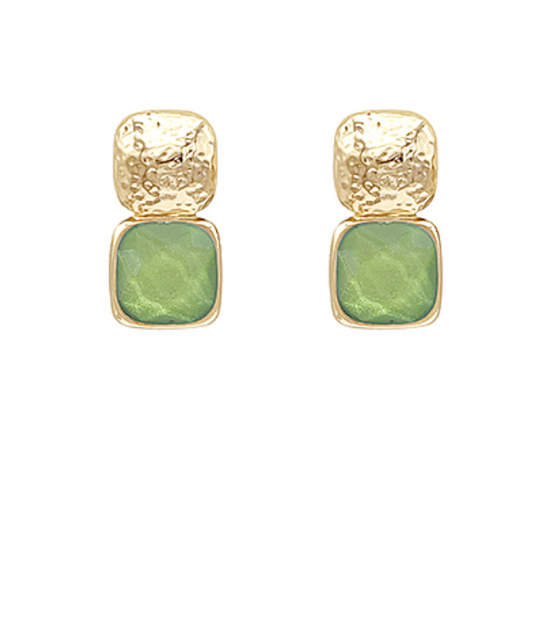 Bold Square Stone Textured Earrings - Olive
