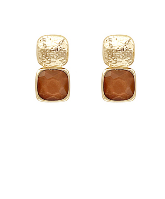 Bold Square Stone Textured Earrings - Mocha