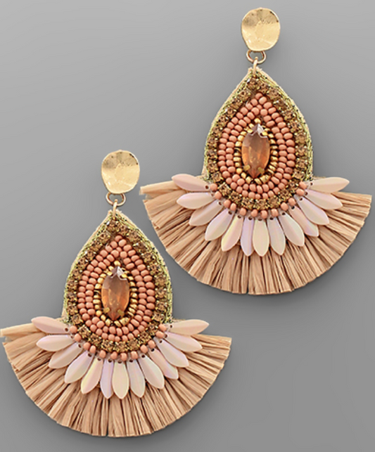 Beaded Teardrop & Raffia Fan Earrings - Pink