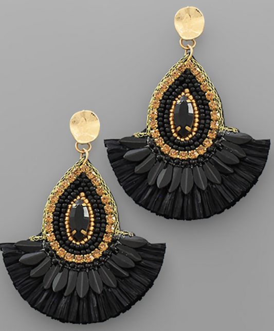 Beaded Teardrop & Raffia Fan Earrings - Black