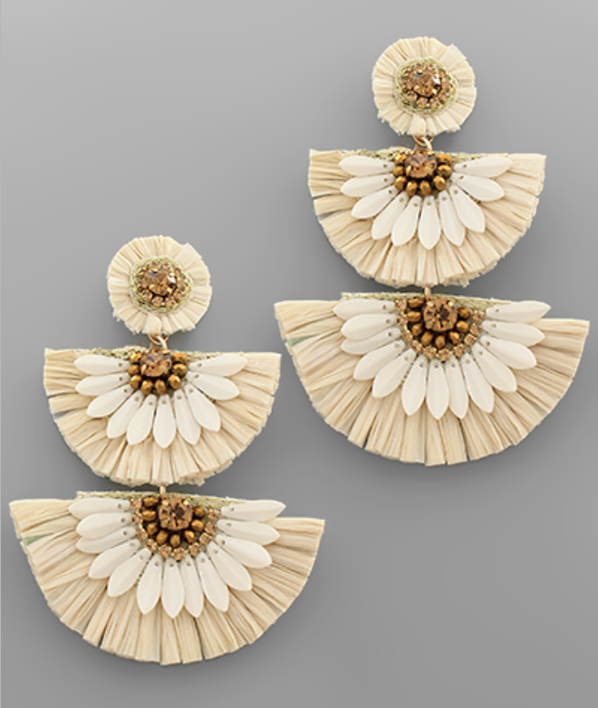 3 Tier Raffia Fan Earrings - Ivory