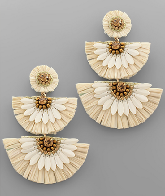 3 Tier Raffia Fan Earrings - Ivory