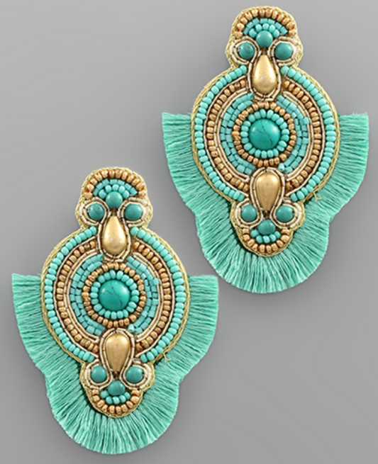 Beaded Round Earrings - Teal