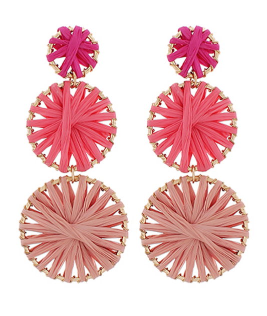 3 Tiered Raffia Drop Earrings - Pink