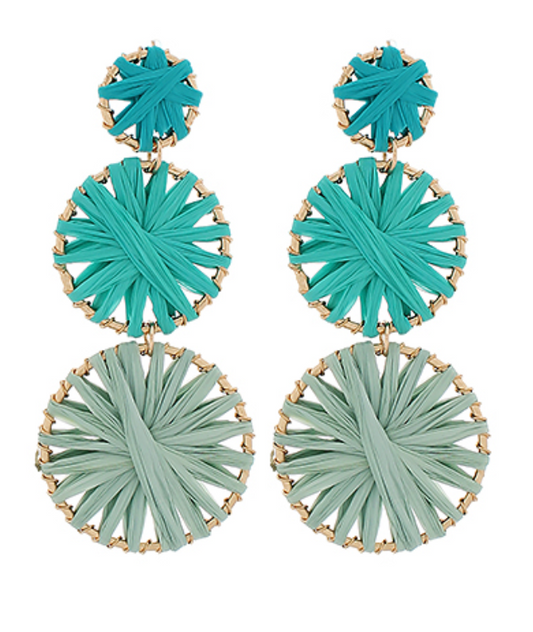 3 Tiered Raffia Drop Earrings - Teal