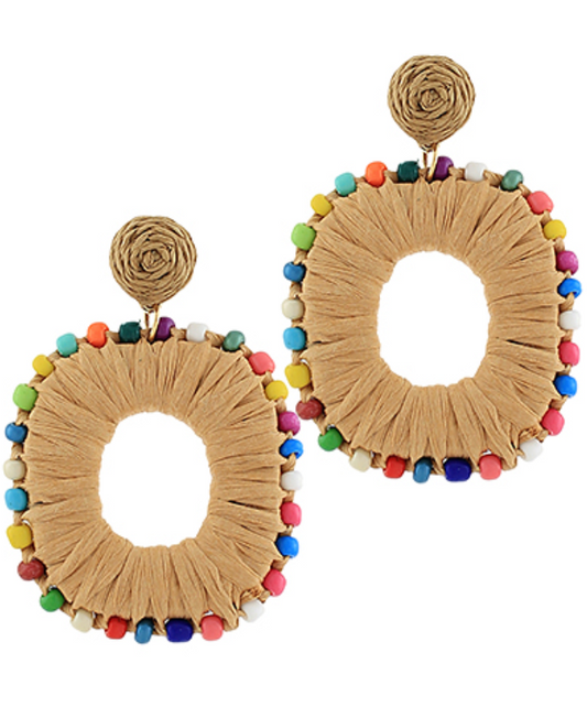 Oval Shape Raffia Earrings - Multi