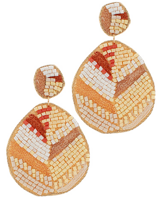 Seeded Geometric Pattern Teardrop Earrings - Natural