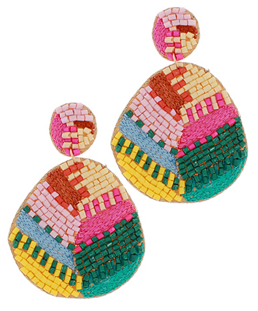 Seeded Geometric Pattern Teardrop Earrings - Pink