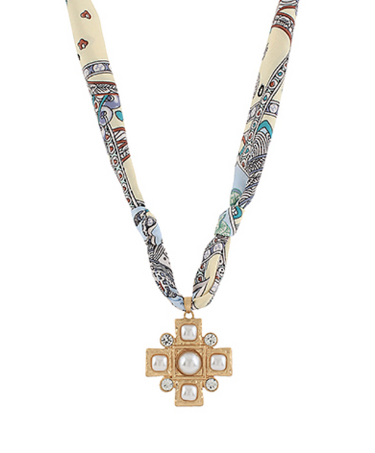 Geometric Cross Pendant Scarf Necklace